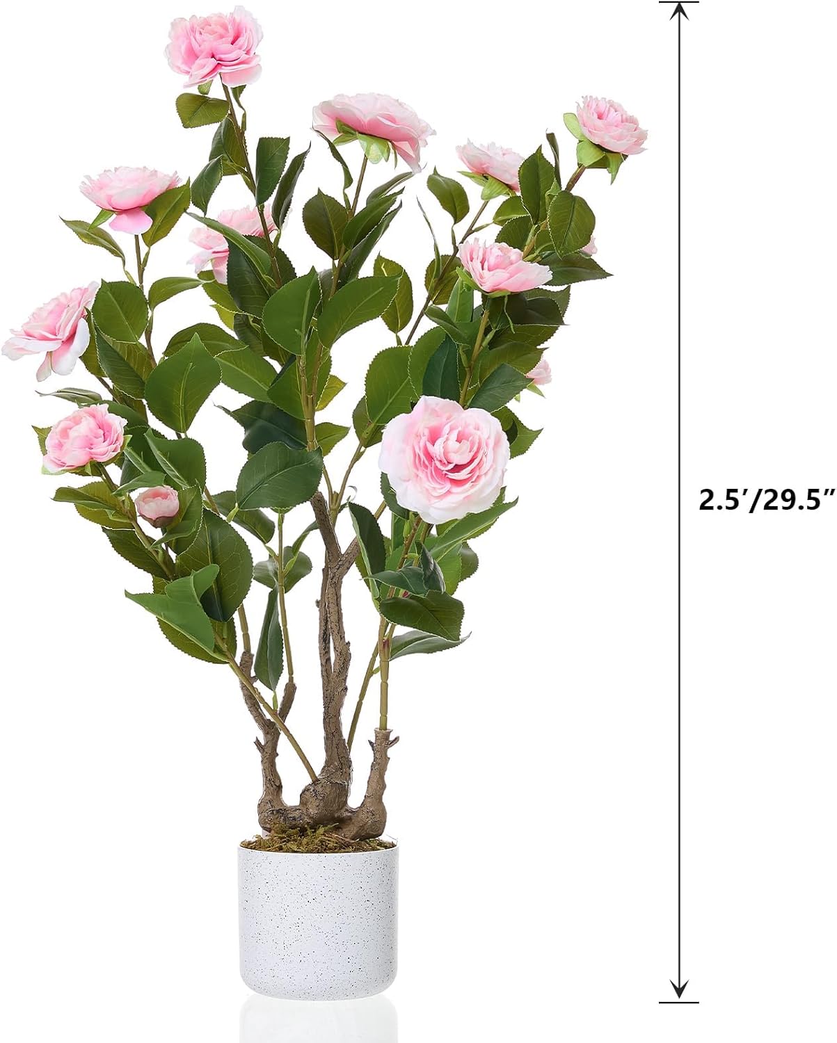 2.5FT Artificial Camellia Tree, Faux Camellia Plant with White Planter and 16 Pink Flowers, 30" Fake Potted Flower Trees for Home and Office Decor, Pink