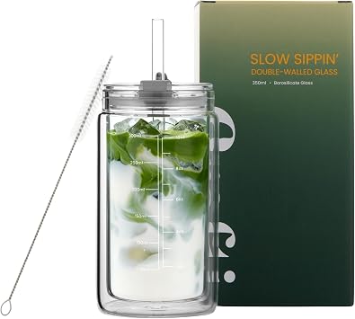 Crafti Slow Sippin Glass Tumbler with Straw & Lid 11.8oz / 350ml Double-Walled Glass Coffee Cup, Matcha Cup with Volume Markings, Tritan Straw & Cleaner Reusable, BPA-Free Iced Coffee Tumbler