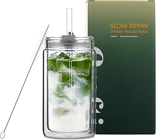 Crafti Slow Sippin' Glass Tumbler with Straw & Lid – 11.8oz / 350ml Double-Walled Glass Coffee Cup, Matcha Cup with Volume Markings, Tritan® Straw & Cleaner – Reusable, BPA-Free Iced Coffee Tumbler