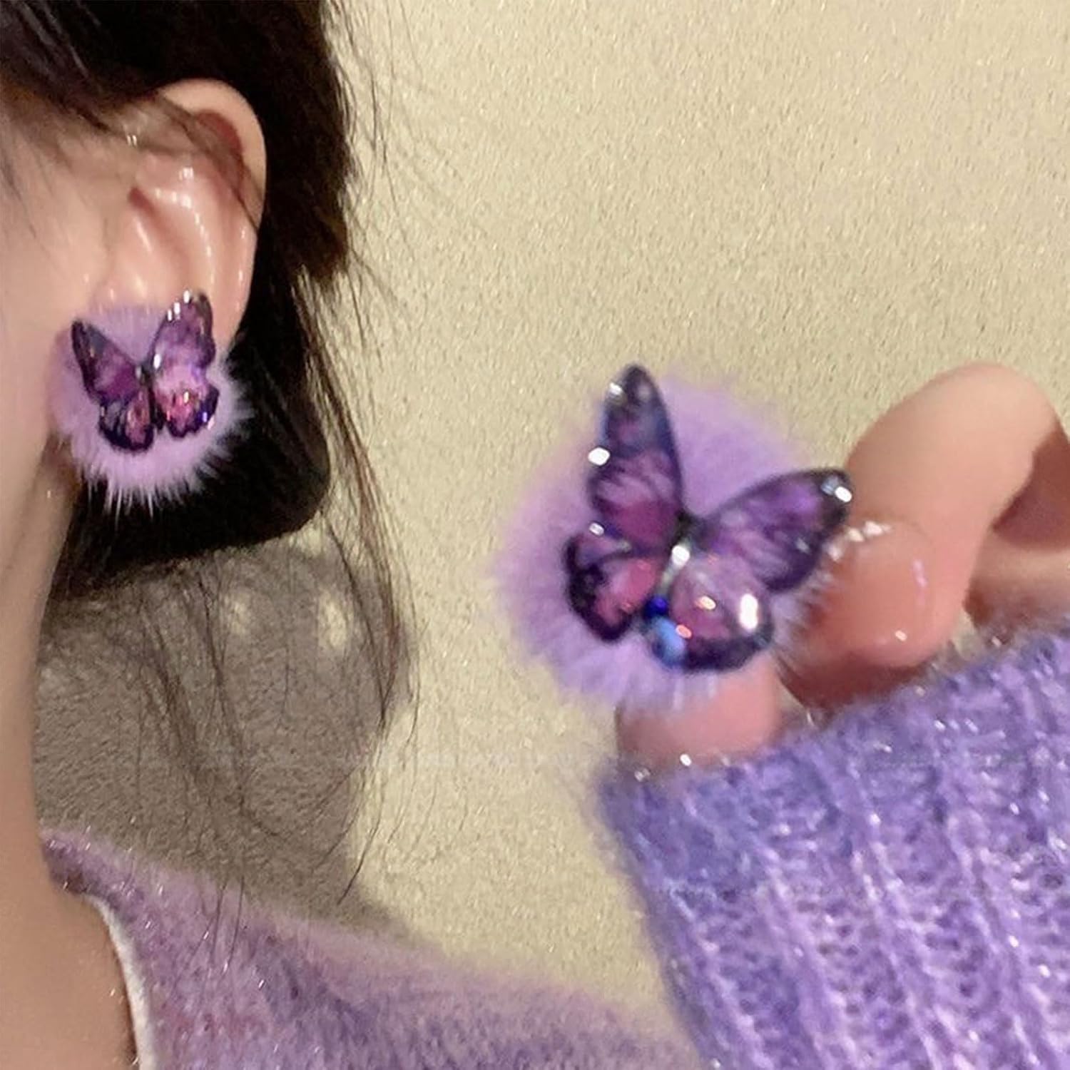 Pom Pom Earrings for Women Purple Red Fluffy Pom Butterfly Ball Earrings Winter PomPom Earrings Christmas Party Jewelry Gifts
