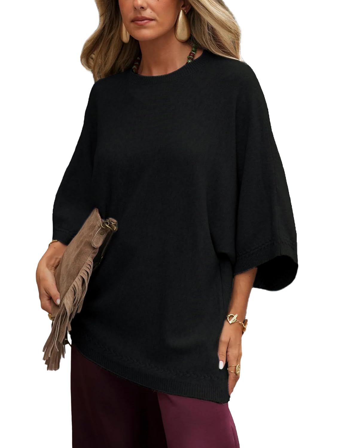 Tanming Womens Knit Sweater Crew Neck 3 4 Sleeve Oversized Tee Shirt Pullover Casual Loose Vest Tops