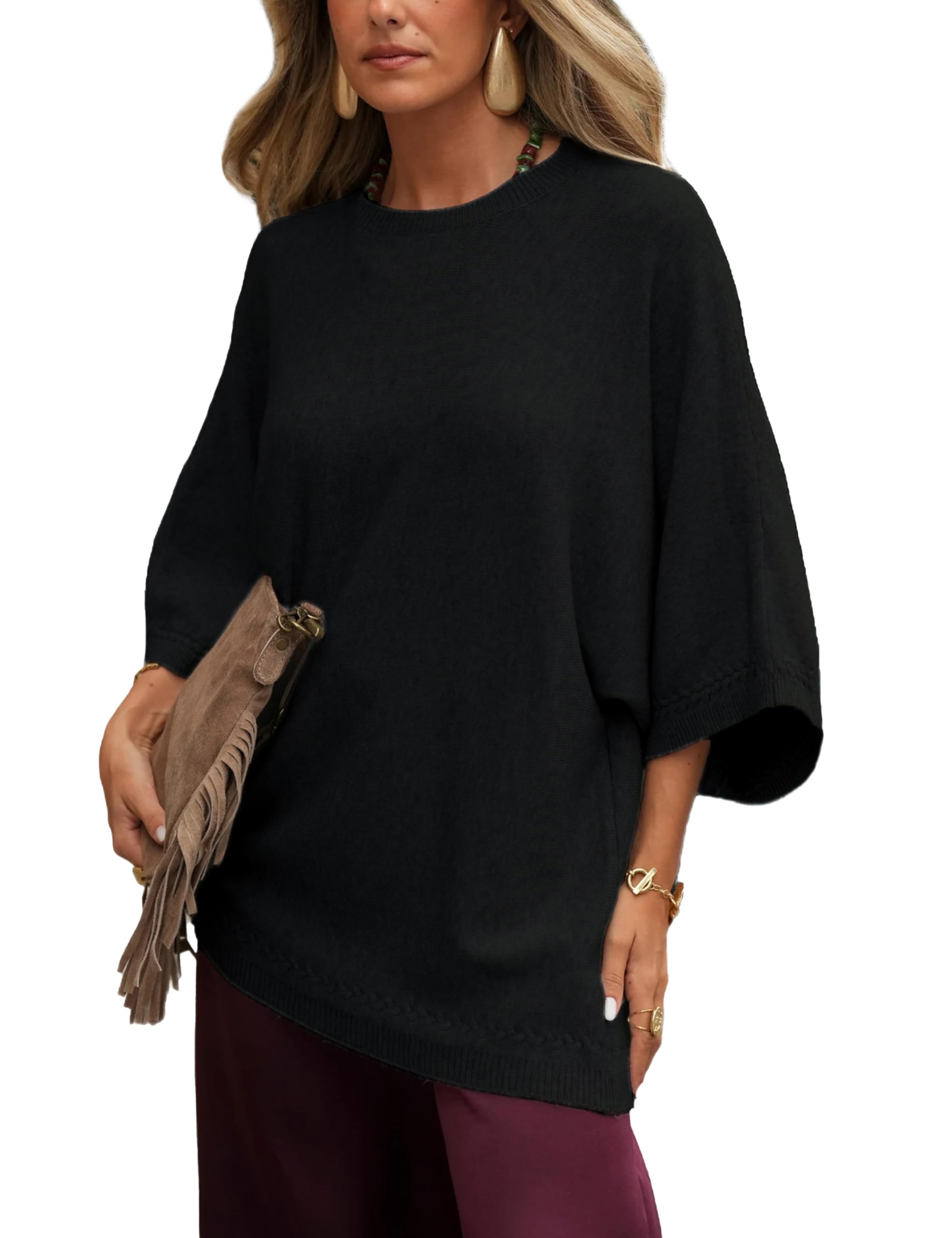 Tanming Womens Knit Sweater Crew Neck 3 4 Sleeve Oversized Tee Shirt Pullover Casual Loose Vest Tops