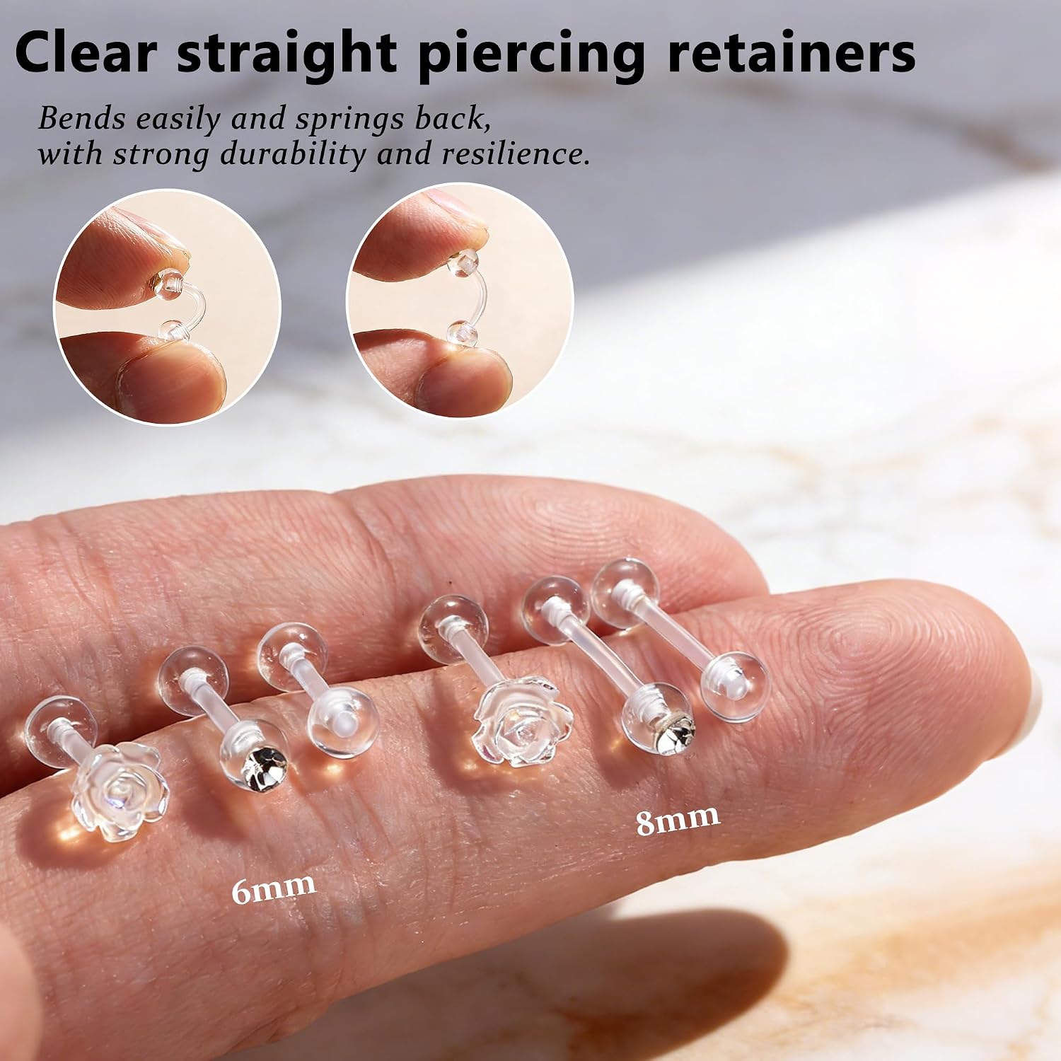 BodyBonita 3Pcs Clear PTFE Helix Rook Piercing Jewelry, Bioflex Plastic Piercing Retainer for Surgery Work Sports, Tragus Daith Lobe Cartilage Earrings Studs Lip Eyebrow Belly Button Ring for Women