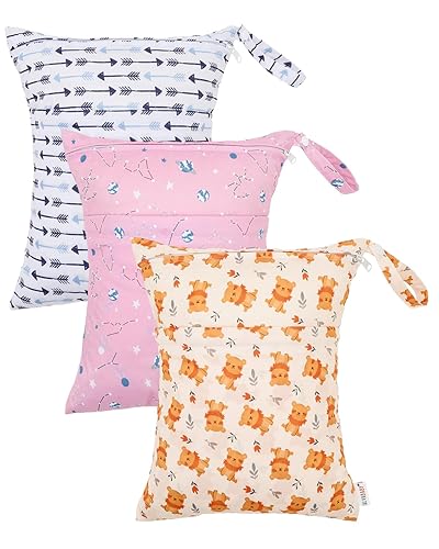 Miniatura 11 de ALVABABY 2 bolsas de pañales de tela húmedas y secas, impermeables, reutilizables, con dos bolsillos con cremallera, para viajes, playa, piscina,