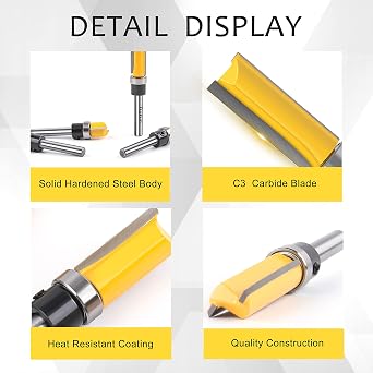 4PCS Pattern Flush Trim Router Bit Set 1/4 Shank, Professional Carbide Top Bearing Flush Trim Bit Kit with Length in 1/2, 3/4, 1, 1-1/2, Straight Cut Woodworking Tool(Cutting Dia: 1/2)