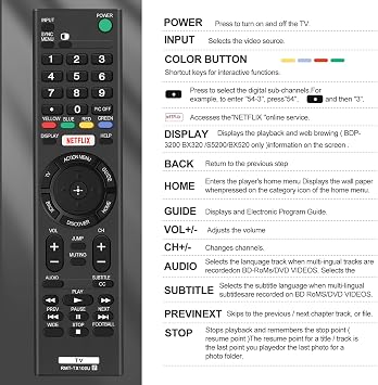 Universal Replacement Remote for Sony tv remote control, Compatible with All Sony Televisions (LCD, LED,), Televisions Remote Control RMT-TX100U- No Setup Required