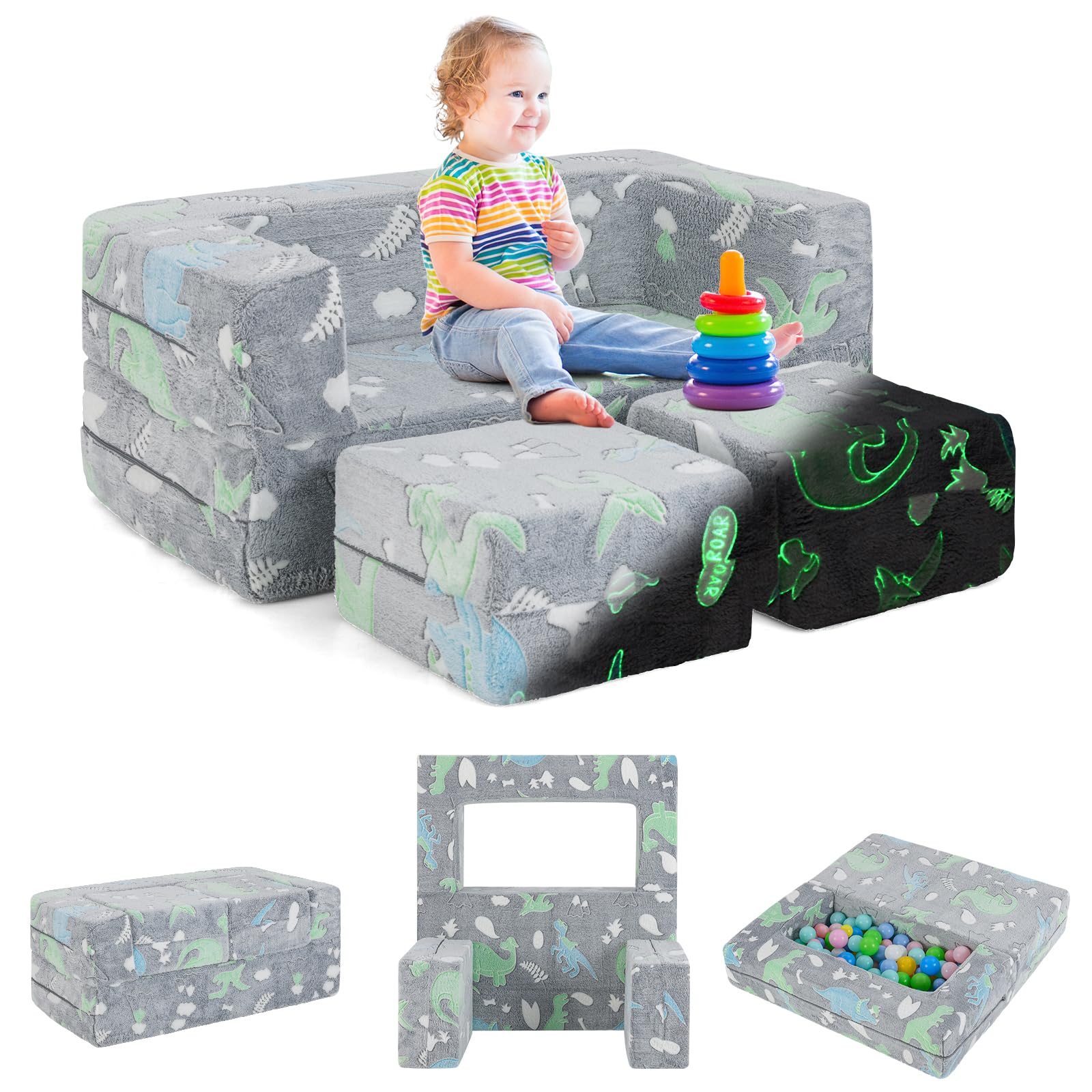 COSTWAY Divano Pieghevole 3 in 1 per Bambini Brilla al Buio, Poltrona Bambini con Rivestimento in Flanella Rimovibile e Lavabile, Pouf per Cameretta (Dinosauro Grigio)