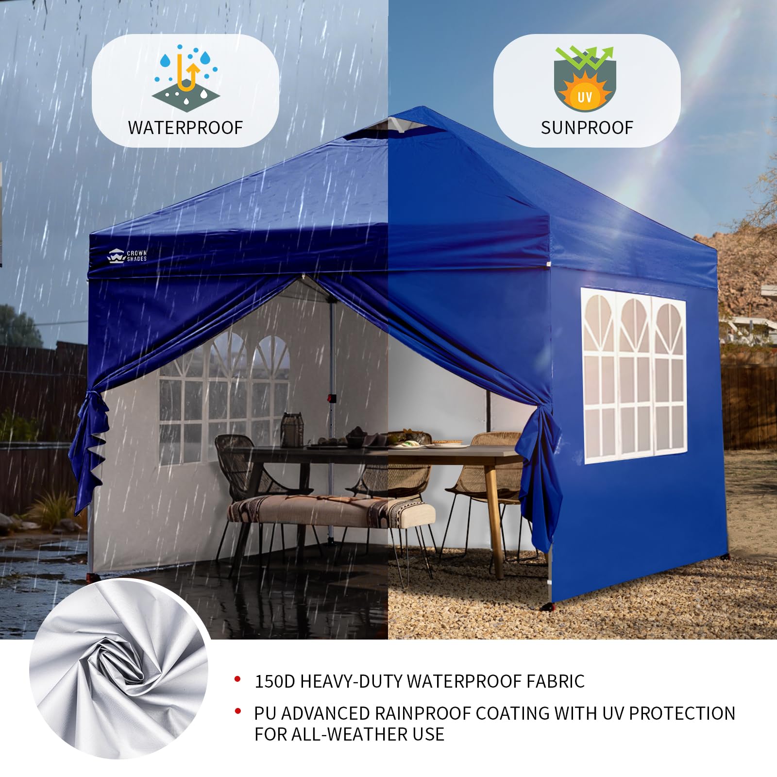 CROWN SHADES Pavillon 3x3 Wasserdicht Stabil Winterfest, Pop up Faltpavillonc mit 4 Seitenteilen, UV-Schutz 50+, 3-Fach Höhenverstellbar, Partyzelt für Garten (Blau, 3x3m mit 4 Seitenwänden)