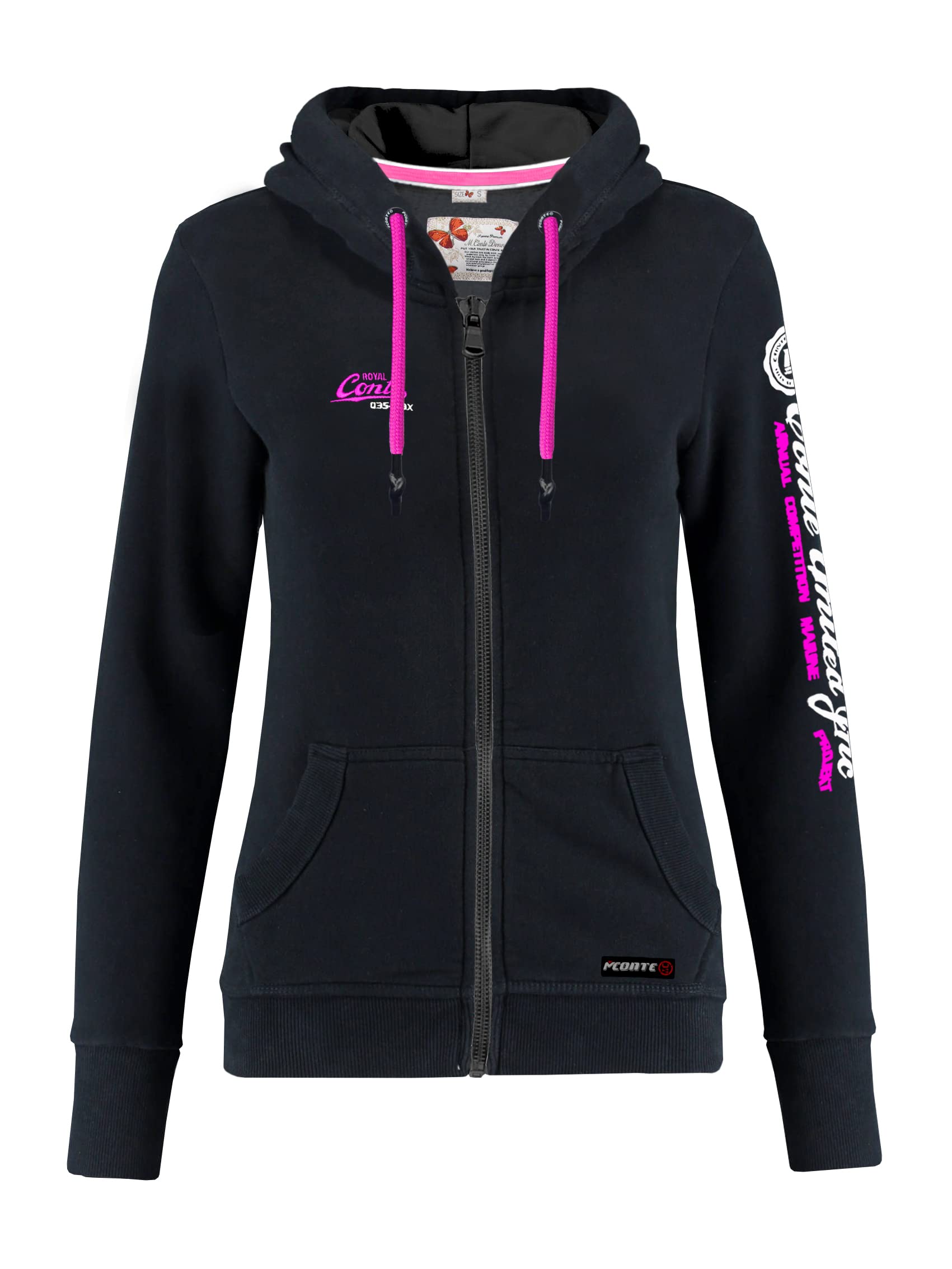 M.Conte Damen Hooded Sweater Sweat-Shirt-Jacke Schwarz Pink Mit Kapuze