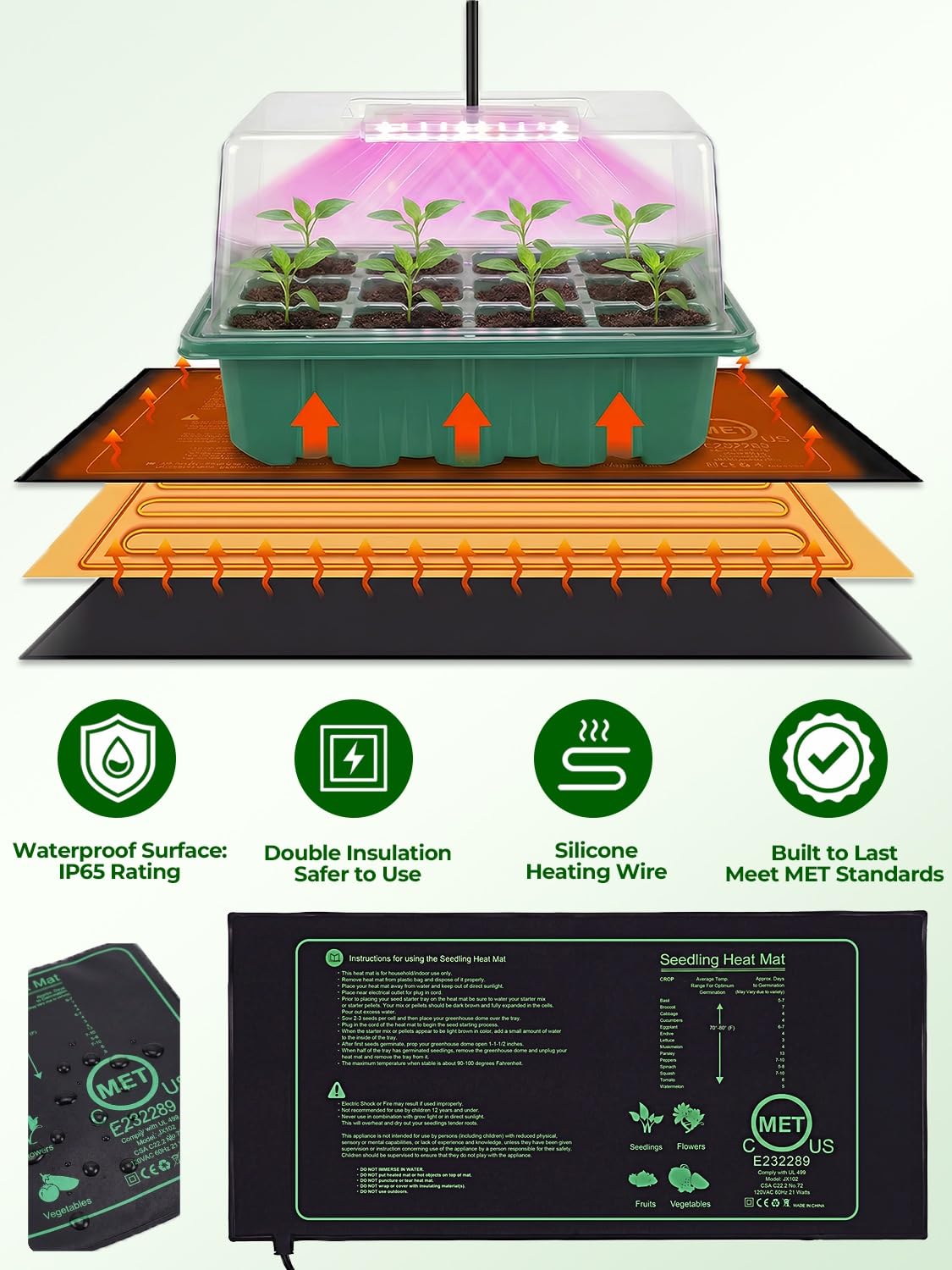Bandeja de inicio de semillas, paquete de 3 con alfombrilla de calefacción y 24 luces LED de espectro completo, temporizador de ciclo automático, cubierta de ventilación de cúpula de humedad, agujeros