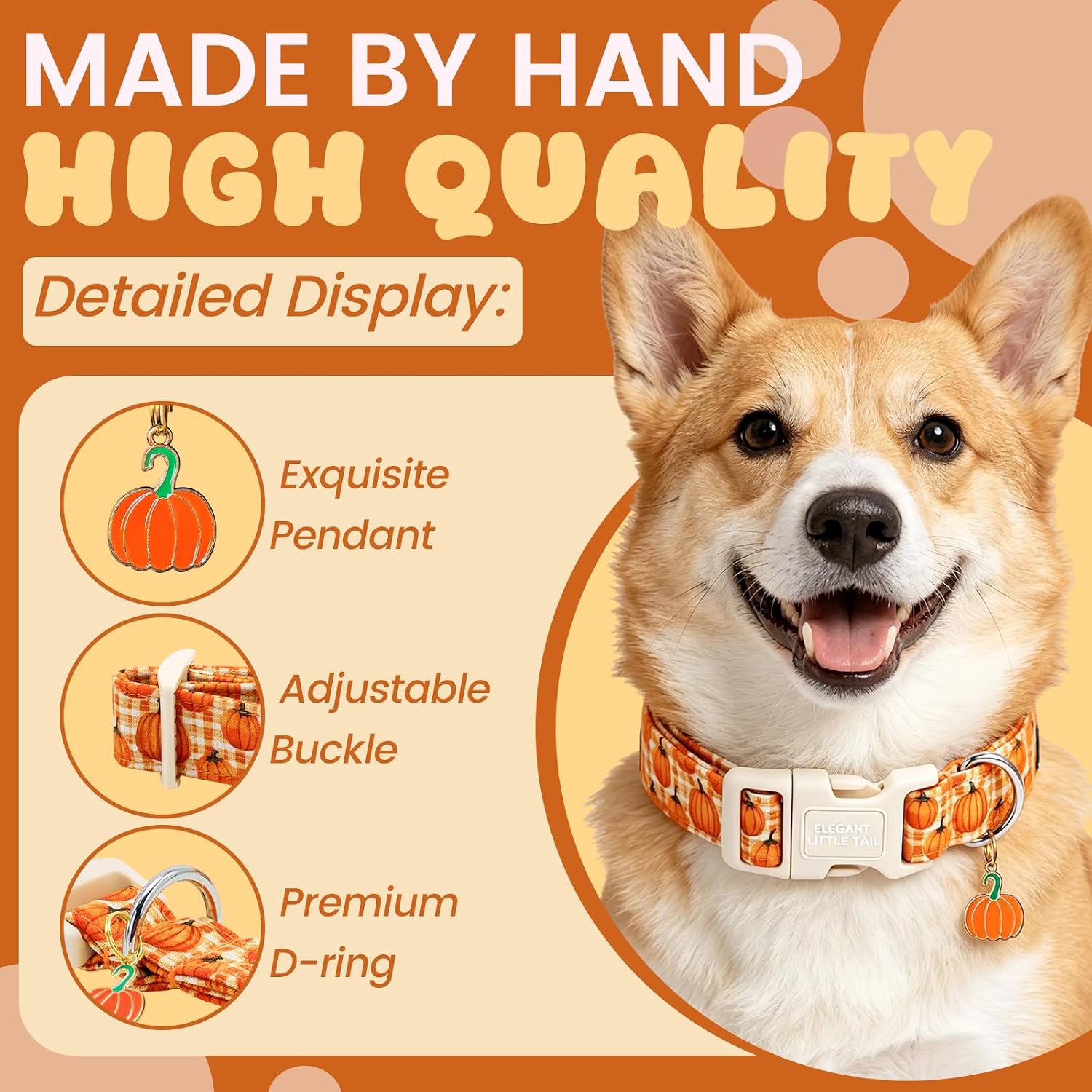 Elegant Little Tail Halloween Dog Collar for Small Puppy, Fall Plaid Orange Pumpkin Pattern Puppy Collar, Sturdy Soft Cotton Fabric Girl Boy Pet Collars for Small Dogs image 2