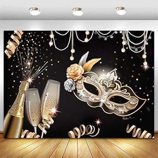 7x5ft Masquerade Party Backdrop - Black & Gold Confetti Photography Banner Decor Champagne Birthday Mask Prom Dance Photoshoot Background