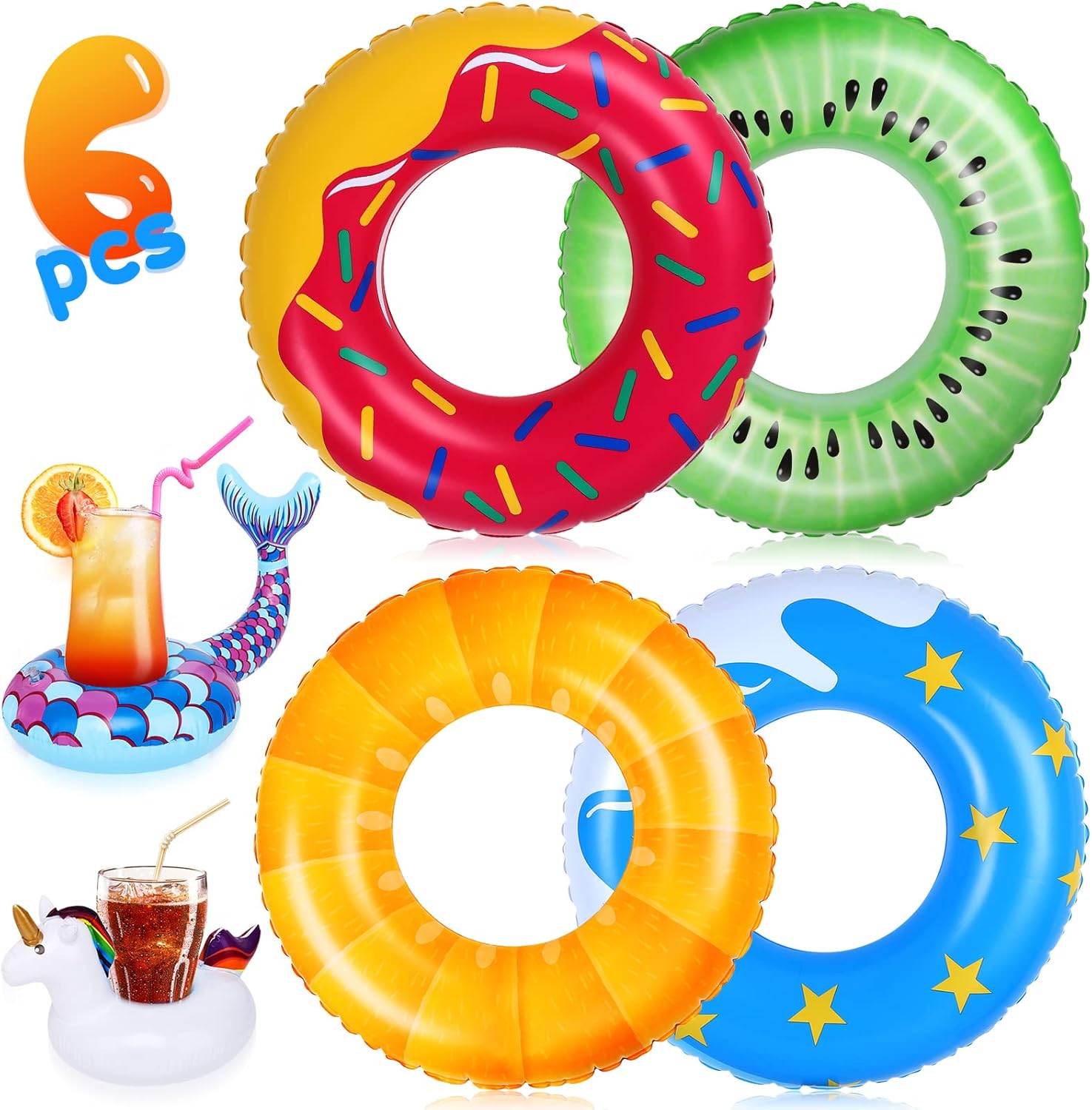 Tomkids Pool Floats Inflatable for Kids Swim Rings Swim Tubes Donuts Fruits Pool Floaties with Drink Holders for Beach, Ocean, Pool Party Swimming Summer Toys for Girls & Boys Lightweight and Thick : Toys & Games