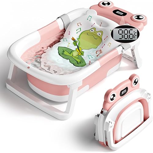 Baby Bathtub, Collapsible Newborn Bathtub for Infant to Toddler 0-24 Months with Soft Cushion and Thermometer,Portable Travel Newborn Tub with No-Slip Feet, Baby Shower Gifts,Pink