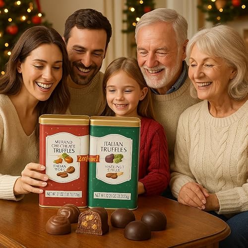 Miniatura 5 de Latas de regalo de trufas de chocolate italiano finas de primera calidad, paquete de 2. Surtidos sabores de trufa leche, oscuro, avellana y caramelo