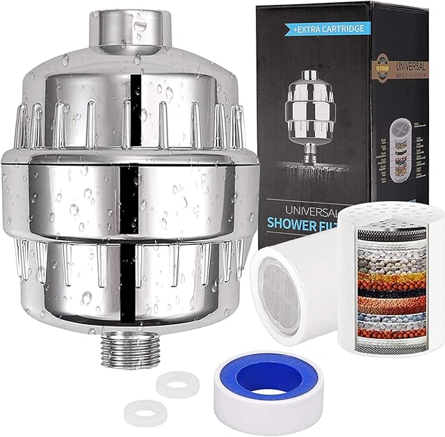 18 Stage Shower Filter,HOMEGN Chrome 18 Stage Shower Water Filters Universal Replaceable Shower Water Purifier Hard Water Filter with 2 Filter Cartridges to Remove Chlorine for Kitchen Bathroom etc