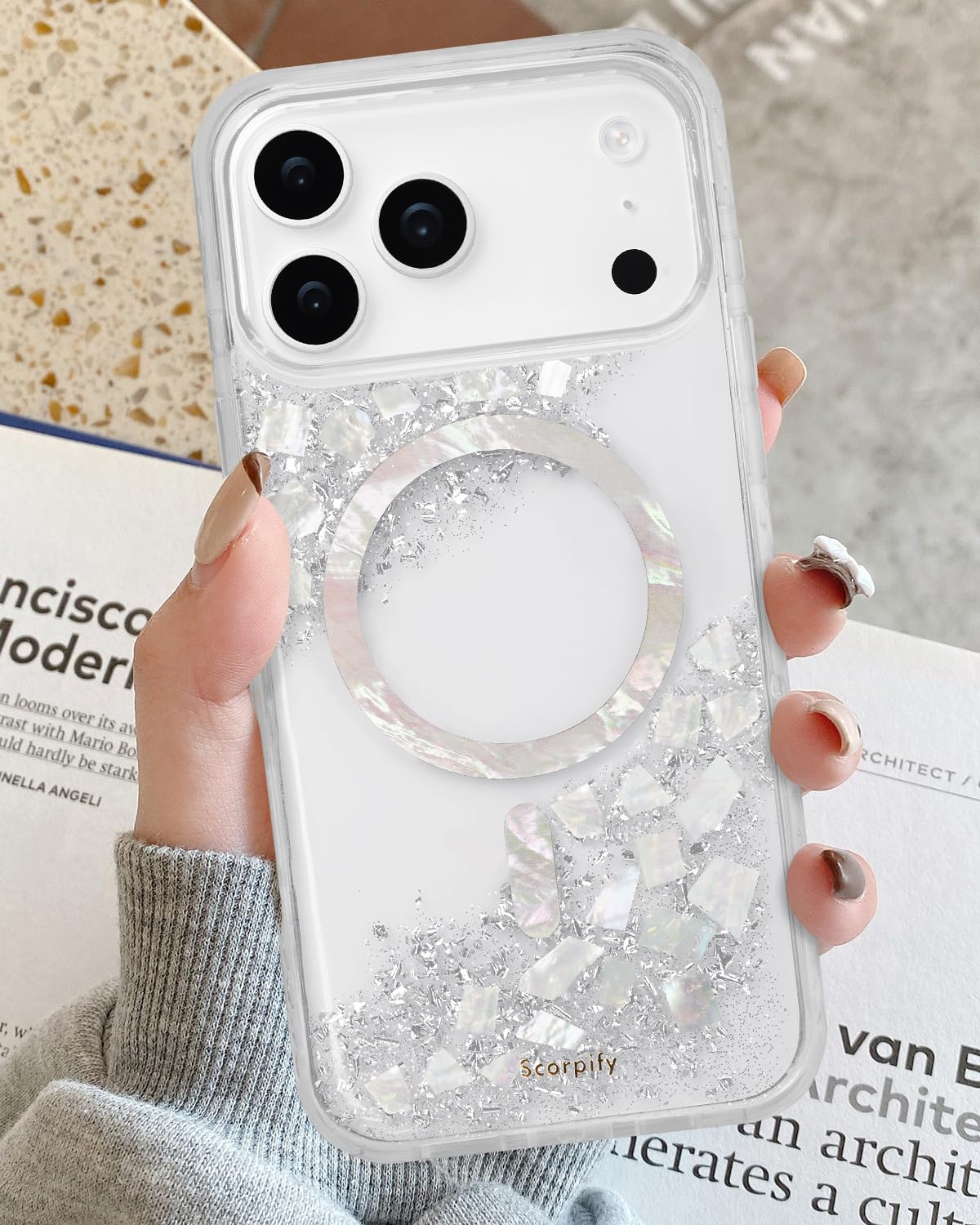 SCORPIFY Funda Compatible con iPhone 17 Pro [Compatible con MagSafe] con Brillo Perlado Brillante, Funda magnética Transparente para Mujeres, diseño de láminas Plateadas Brillantes y nácar