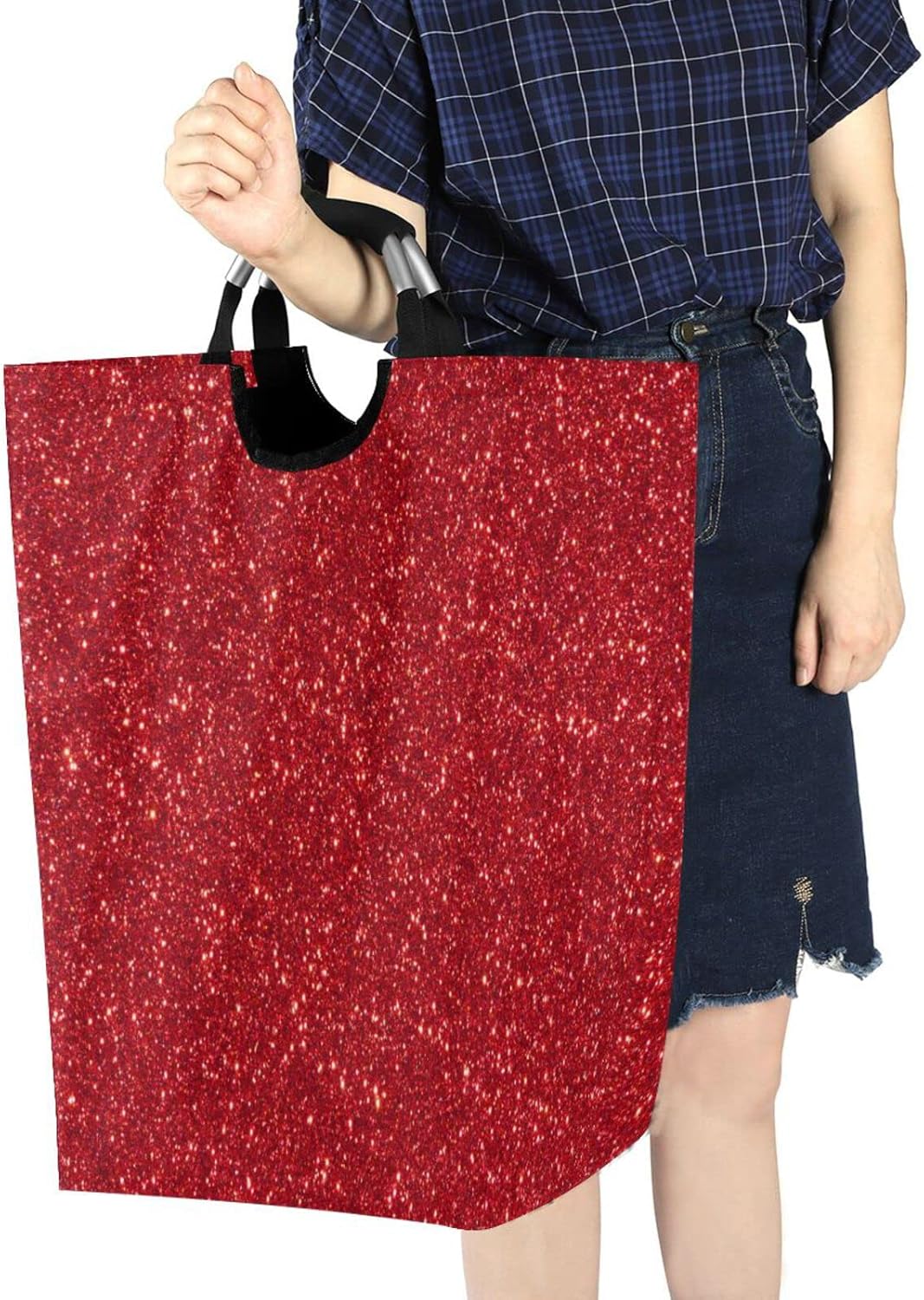 Kigai Red Glitter Texture Laundry Hamper Waterproof Foldable Laundry Basket Dirty Clothes Toys Storage Basket with Handle for Bathroom, Bedroom, Laundry Room, Playroom