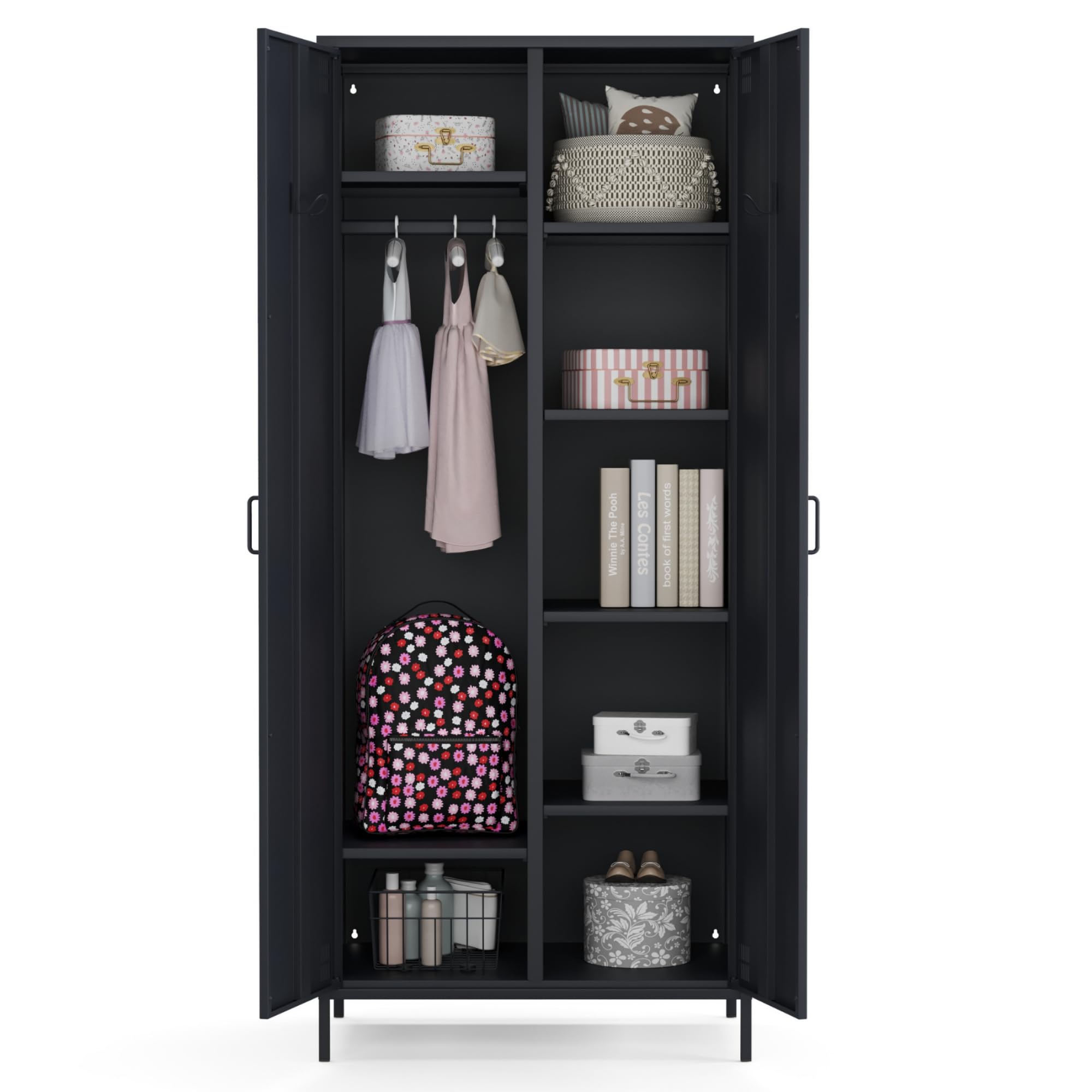 furni24 Metallschrank – Retro Garderobenschrank mit Kleiderstange – Robuste Aufbewahrungslösung mit verstellbaren Ablagen– Ideal für Schlafzimmer, Flur, Büro- Kleiderschrank mit 2 Türen, Anthrazit