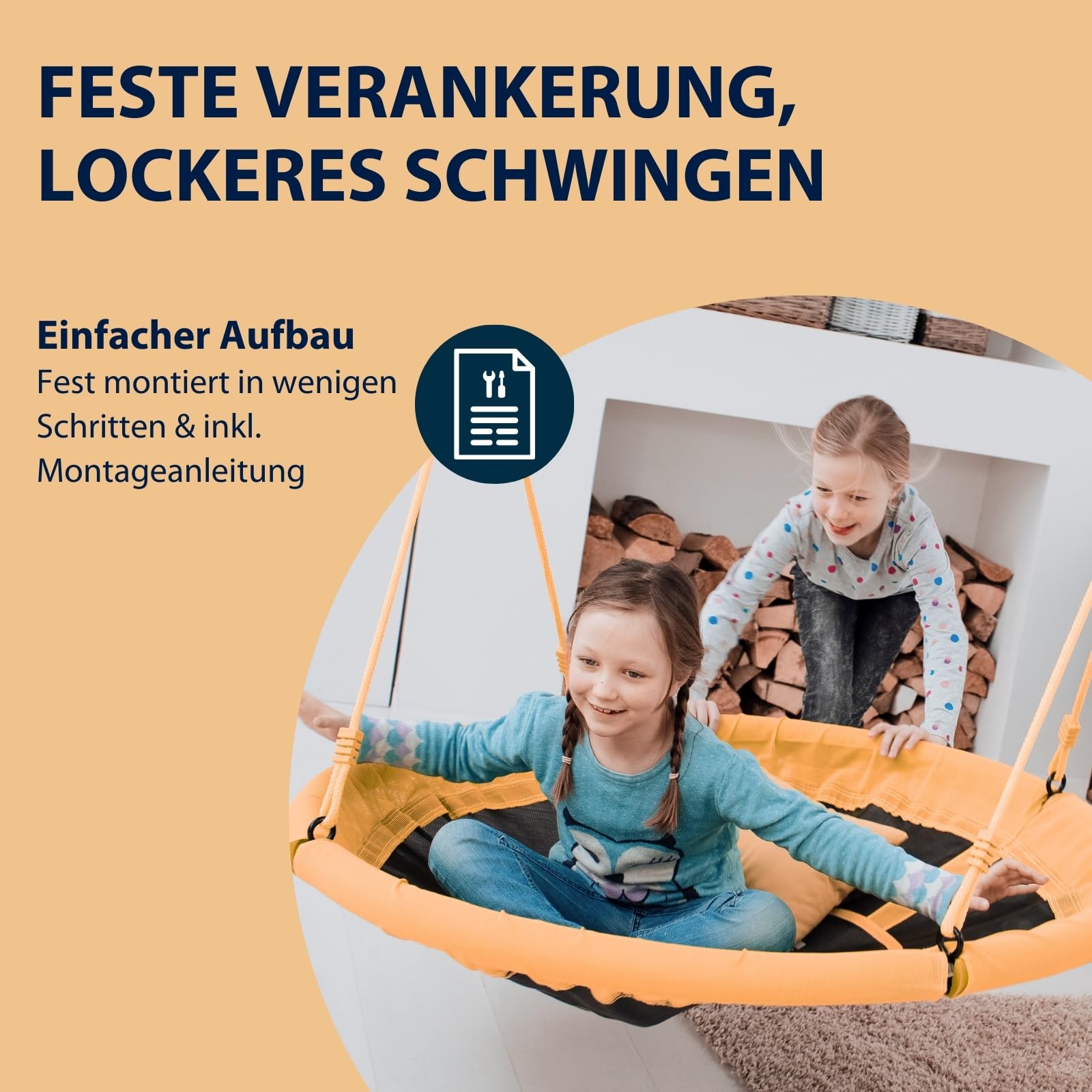 HUDORA Nestschaukel 110 - grün/orangefarbene Schaukel für bis zu 100kg - Hängeschaukel mit 110cm Durchmesser für drinnen & draußen - Höhenverstellbare Familienschaukel für Kinder & Erwachsene