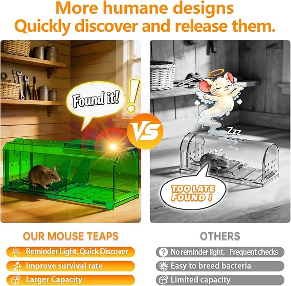 Indicator Light Mouse Traps Indoor for Home, Catch and Release, 2 Pack Large Size Live Mouse Trap No Kill, Sensitive Humane Mouse Trap, Safe Rat Trap for Dog Cat and Family