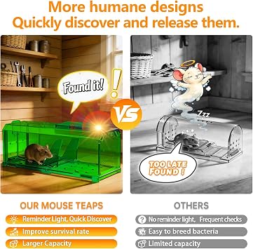 Indicator Light Mouse Traps Indoor for Home, Catch and Release, 2 Pack Large Size Live Mouse Trap No Kill, Sensitive Humane Mouse Trap, Safe Rat Trap for Dog Cat and Family