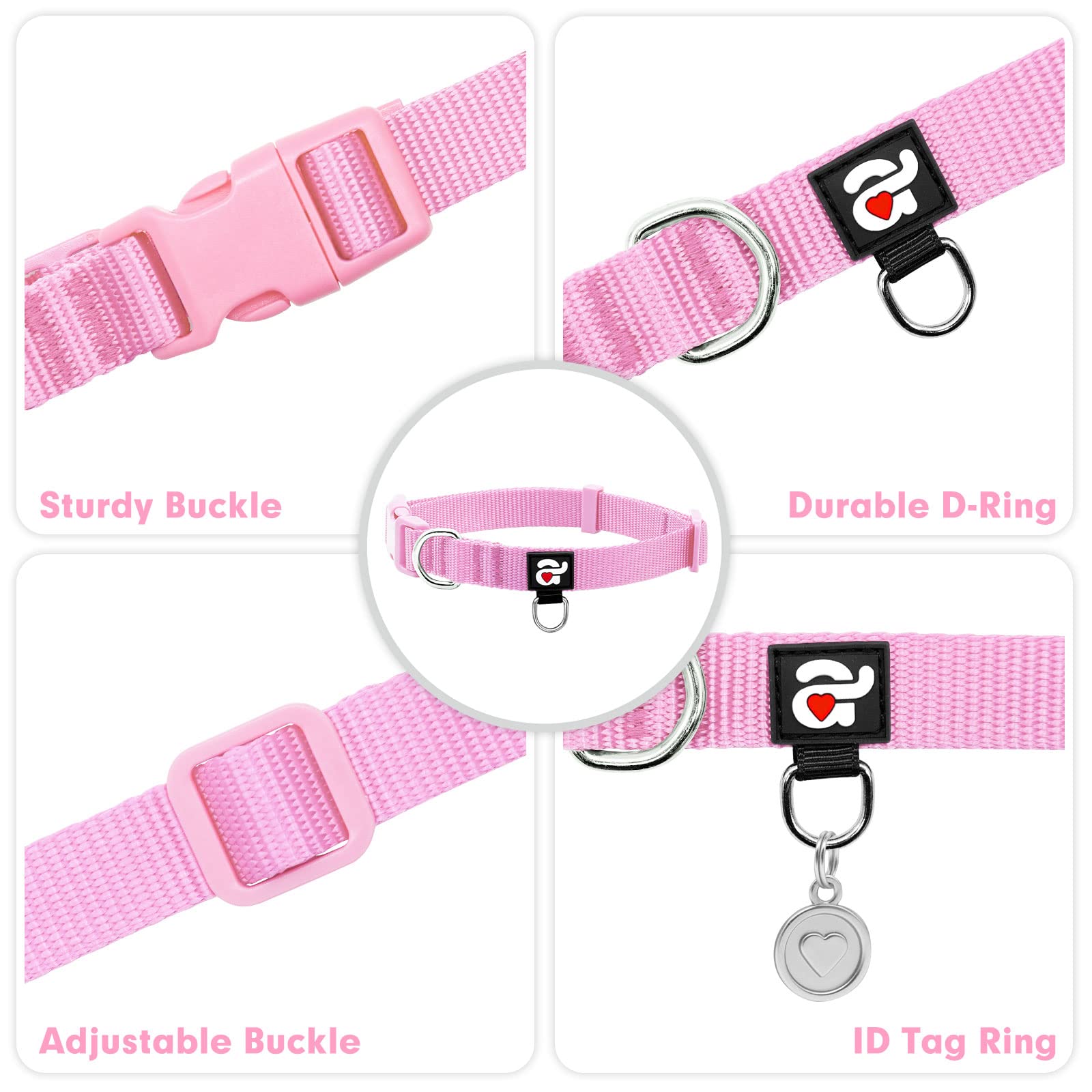 azuza Nylon Dog Collar and Leash Set, Strong & Durable Basic Style Leash and Collar with ID Tag Ring, Available in Multiple Lengths for Medium Dogs, Pink,M