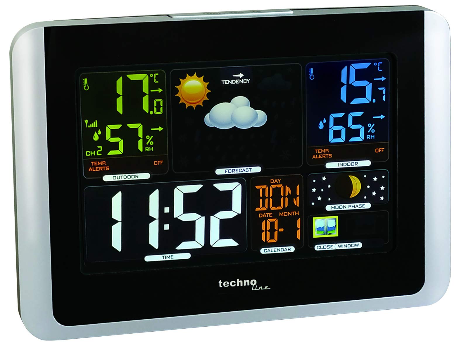 techno line WS6442 Funk-Wetterstation mit Farbdisplay & Außensensor – Innen-/Außentemperatur | Luftfeuchtigkeit | Wettervorhersage | Funkuhr | Mondphase | Wecker | Temperaturalarm | Schwarz/Silber