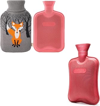 HomeTop 2-Pack Hot Water Bottles - Rubber Bottle Red, Standard - Rubber Bottle with Fox Knit Cover Red, Standard