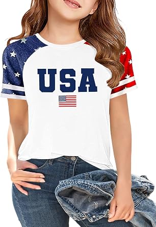 CAZYCHILD Girls 4th of July USA Shirt American Flag Patriotic T-Shirt Independence Day Outfit for Kids 5-14Years