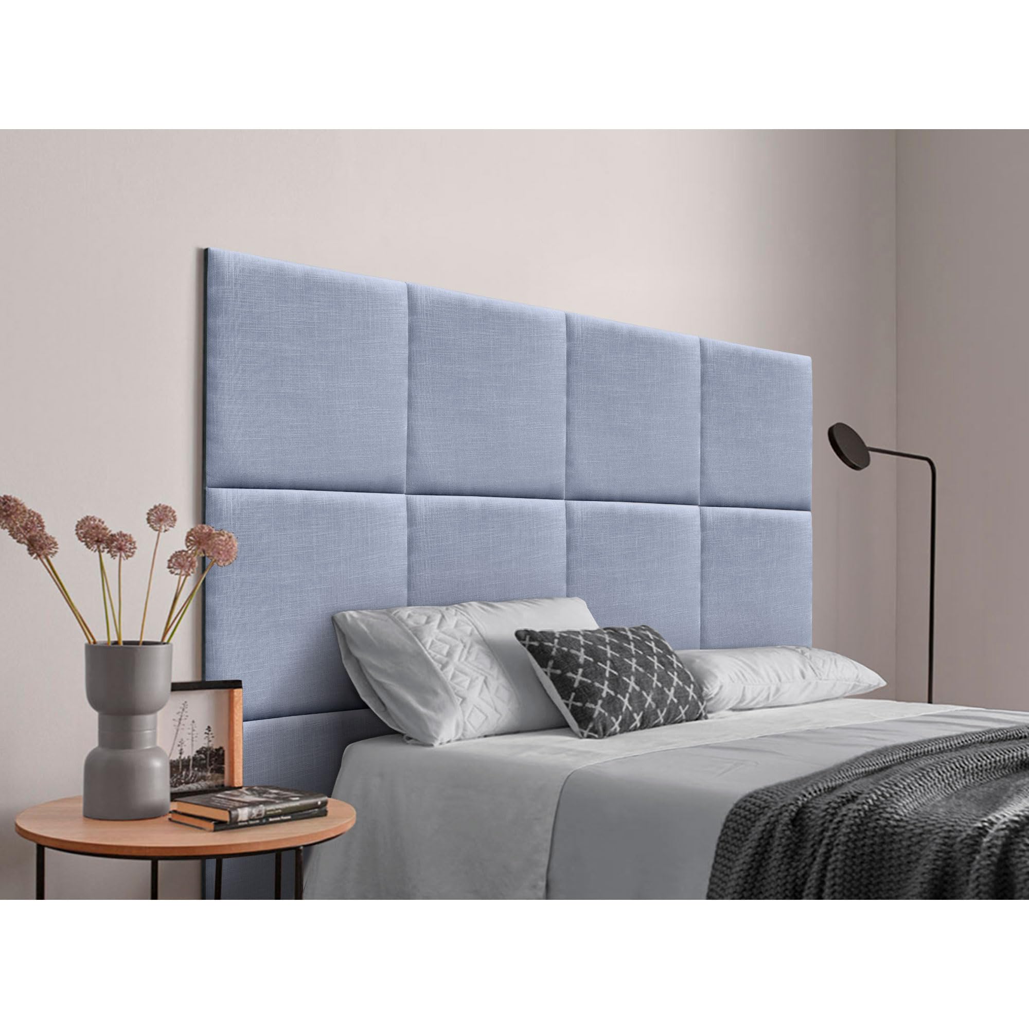 DHOME Cabecero Tapizado Compuesto de Paneles Autoadhesivos Intercambiables de Lino Natural Cama Lujo Dormitorio Acolchado (Azul, 90cm)