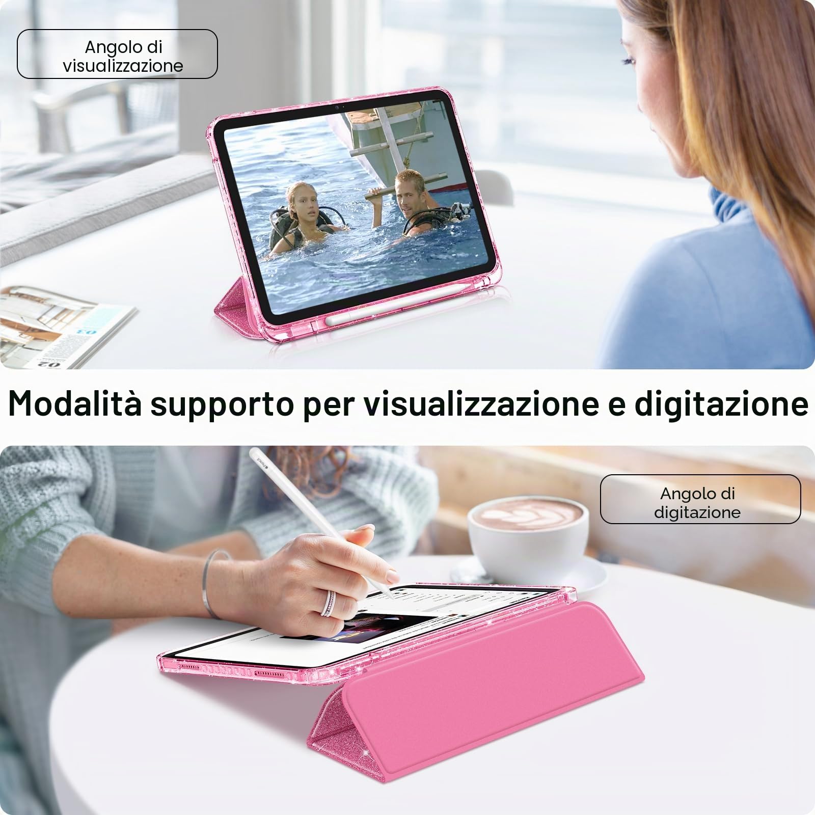 FINTIE Cover iPad 11" (2025) A16 11ª Generazione Antiurto Glittering Trasparente Custodia Posteriore con Auto Sveglia/Sonno, Magenta