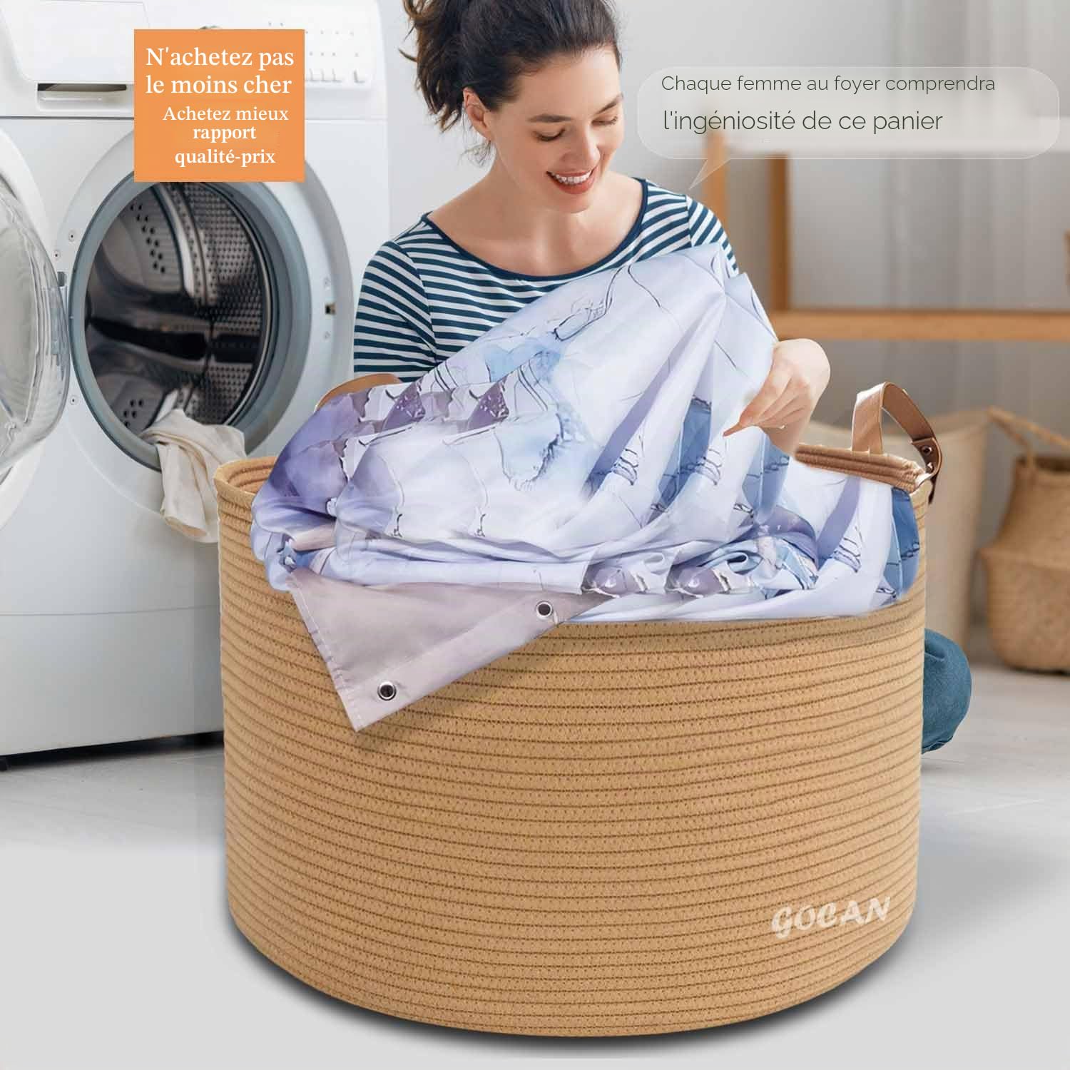 GOCAN Panier à linge extra large, 55,9 x 55,9 x 35,6 cm, en corde de coton, avec poignées, pour couvertures, jouets, salon, XXXL (pure jute)