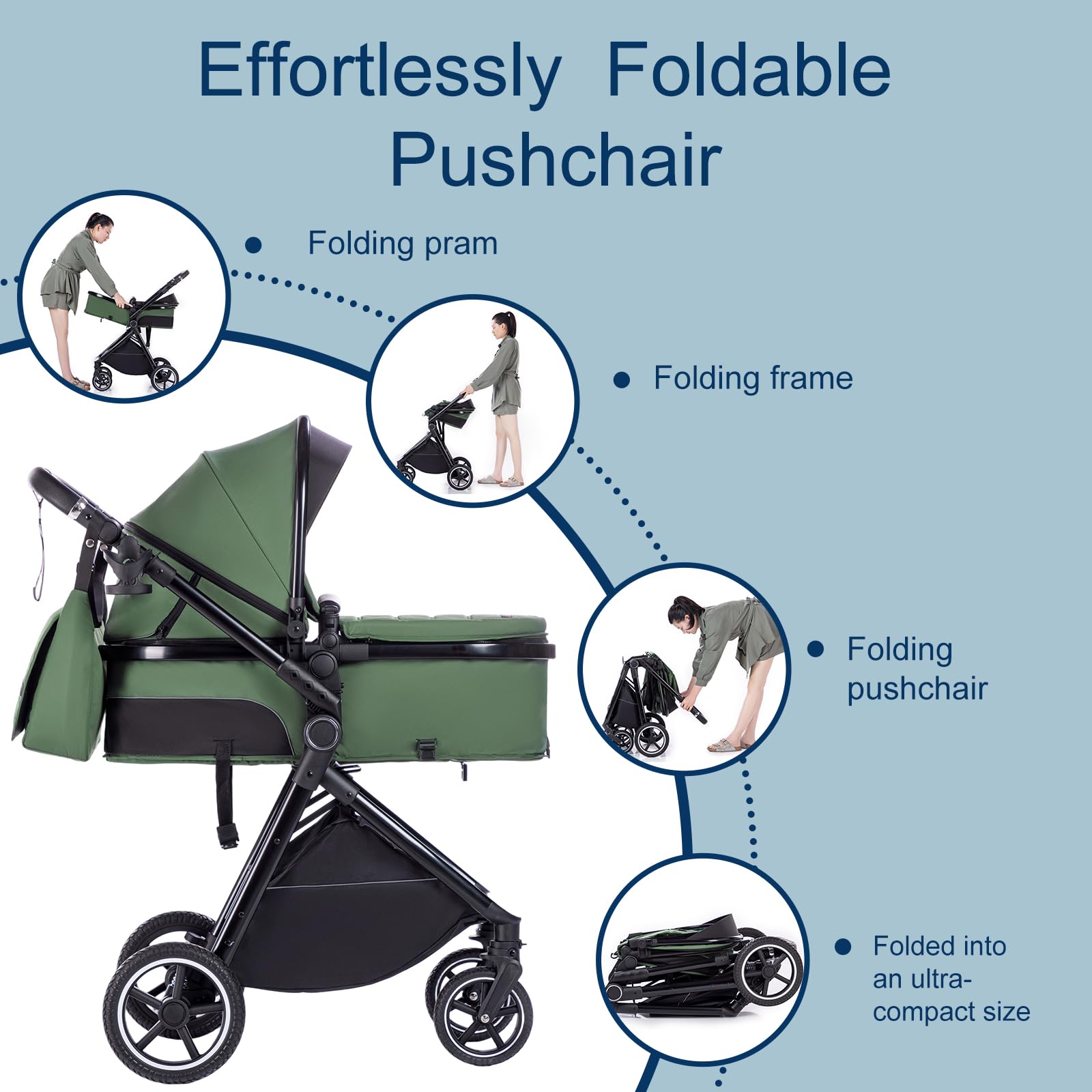 Poussette 3 en 1 avec Nacelle, Poussette de Voyage's Nacelle est Pliable, Trio Poignée est Réglable, les Roues sont en Matériau PU, pour Enfant de la Naissance à 3 Ans-Kaki-Beige