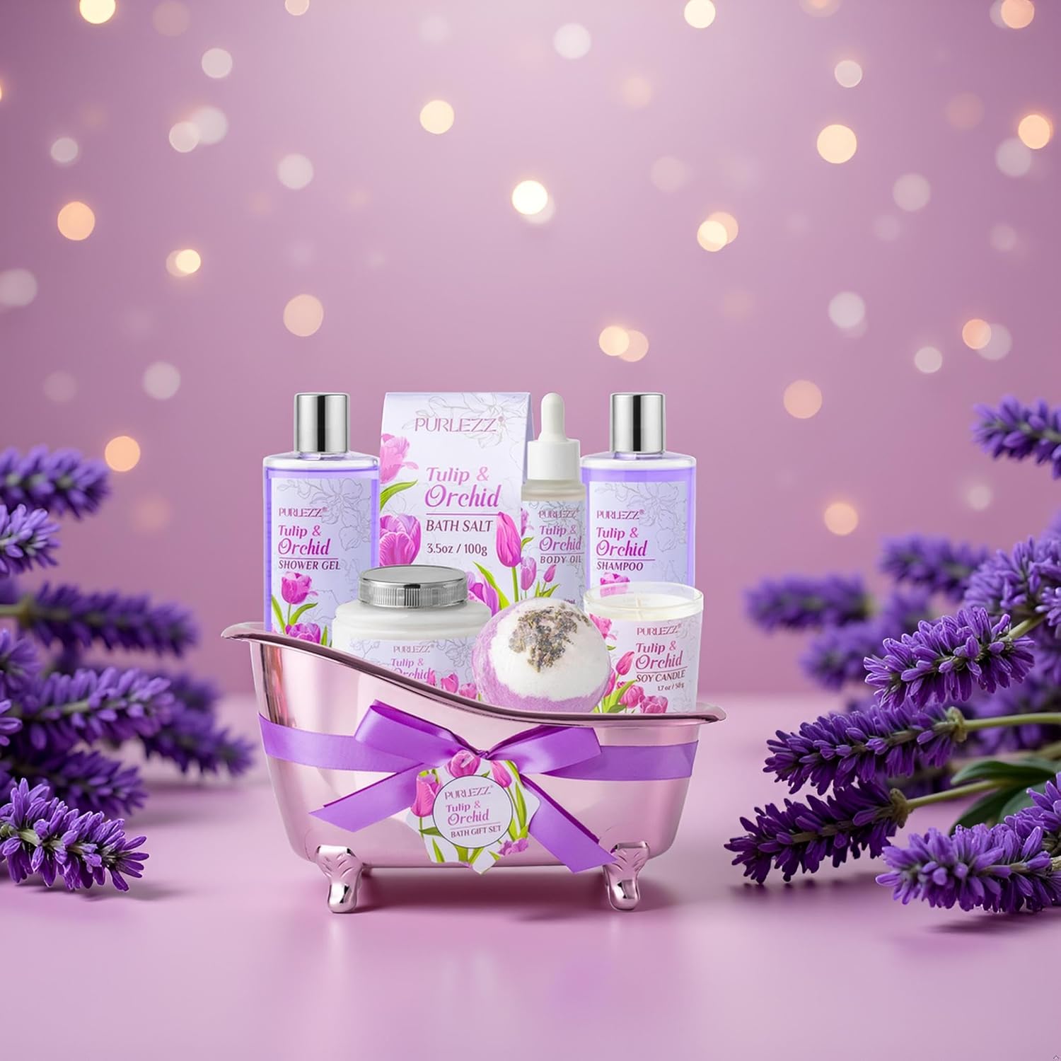 Spa Gift Basket, Mother's Day Gift for Mom - 8 Pcs Tulip scents Bath & Body Gift Set for Women, Spa Gift Kit, Birthday Gifts, Self Care, Pampering Gifts for Her, All Occasion Holiday Present - Image 9