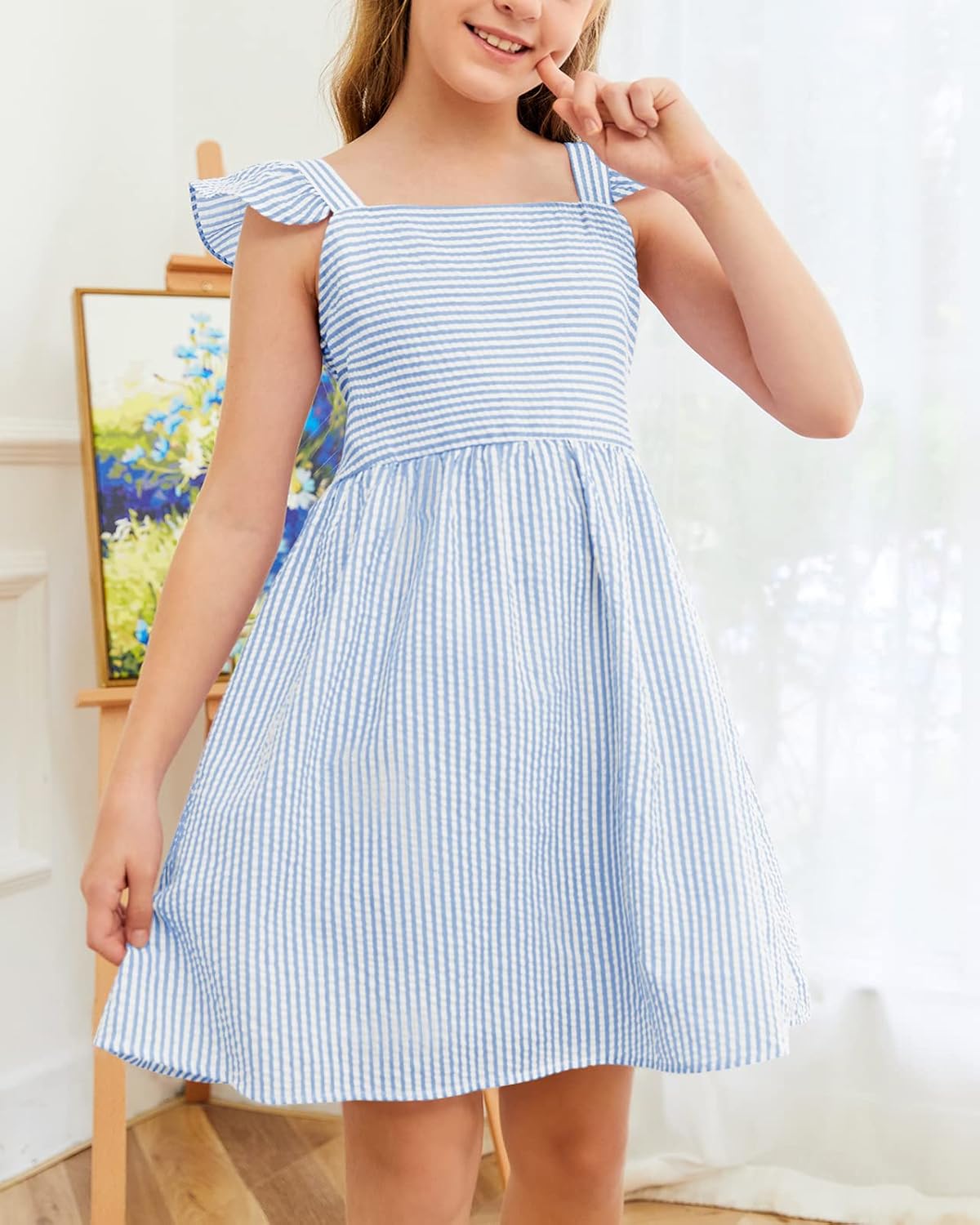 Haloumoning Girls Summer Dress Kids Casual Flutter Sleeve Striped Dresses Beach Sundress 5-14Y