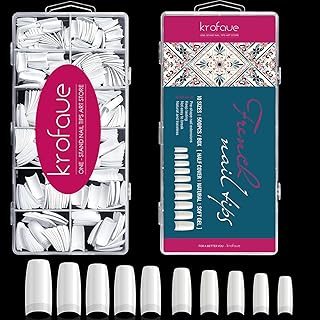 krofaue 1000PCS False Nails Tips Lady French Style Acrylic Artificial Tip Manicure Half Cover with Box of 10 Sizes for Nail Tips Art Salons and Home DIY（White+Natural）