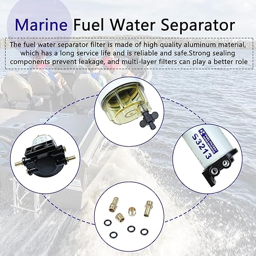 Miniatura 4 de Filtro de combustible separador de agua compatible con motor fueraborda Mercury Marine con púas de 3/8 pulgadas x 1/4 pulgadas NPT accesorios que