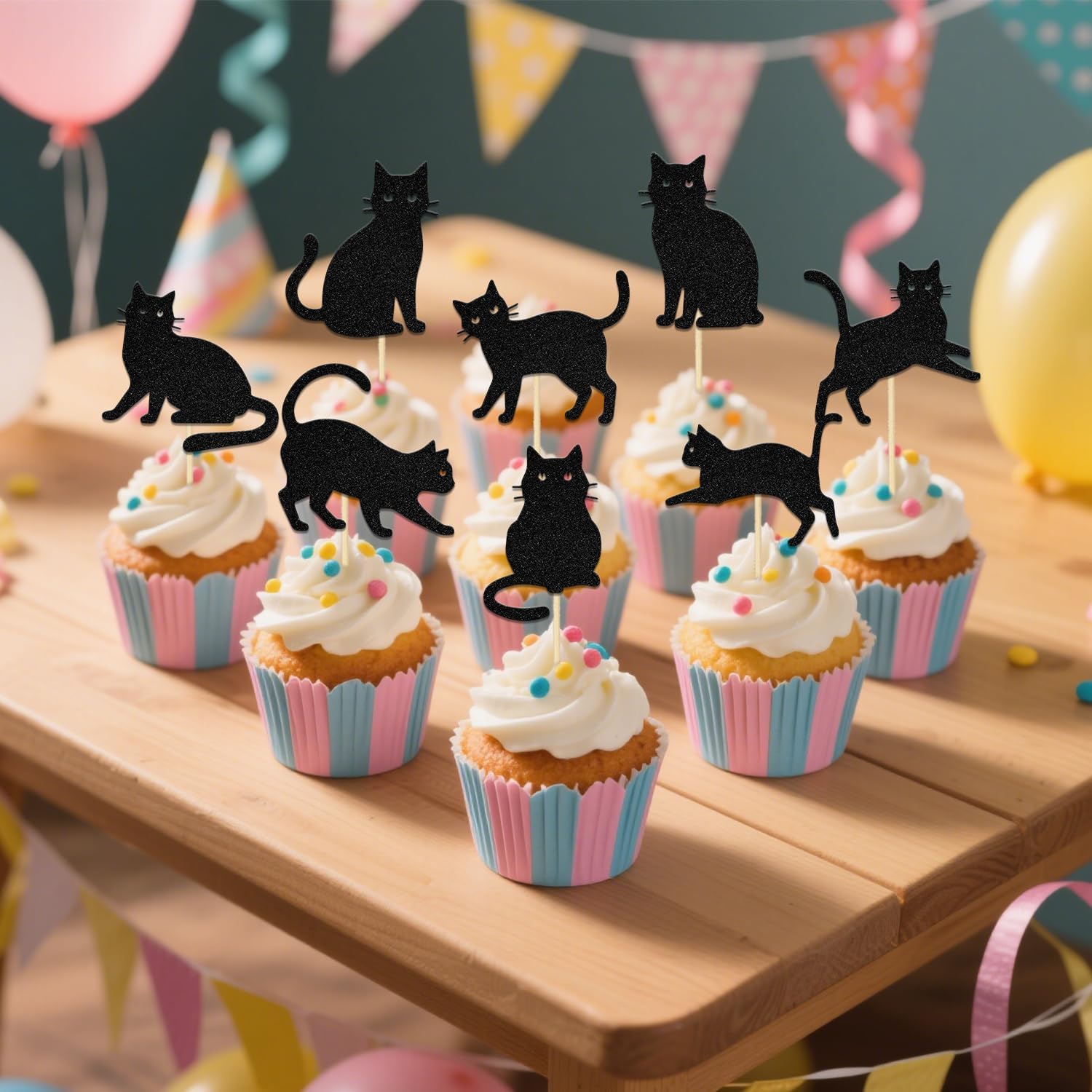 Little Cats Cupcake Topper,Cat Theme Birthday Party Decorations,Cute Kitten Theme Baby Shower Party Decorations,Little Pet Birthday Party Supplies Black - Image 6