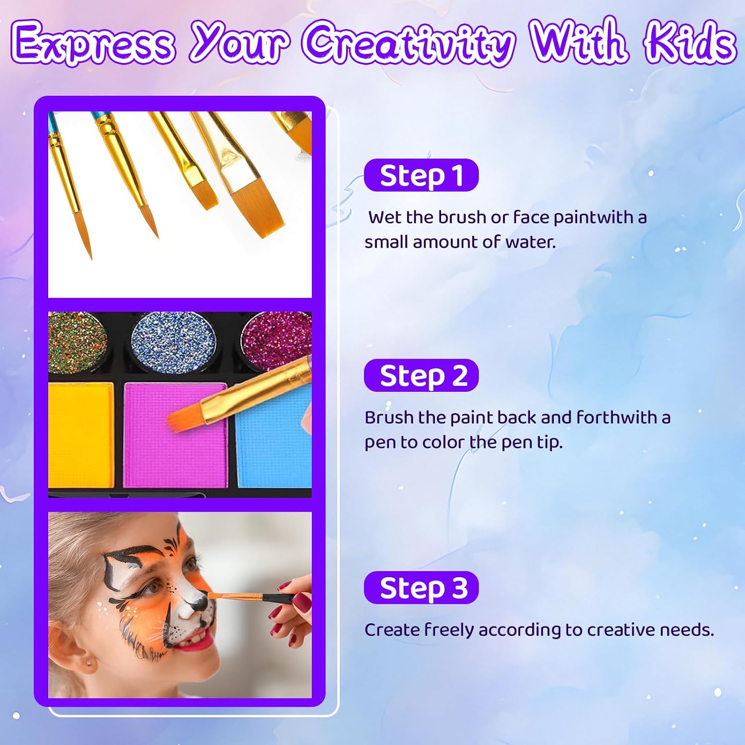42 Colors Face Painting Kit for Kids，Non-Toxic Water Face Painting Palette Kit Professional whit Brushes，Stencils，Gems，sponges，Book&Glitters.Carnival，Halloween，Cosplay，Party； for Kids Makeup Artist