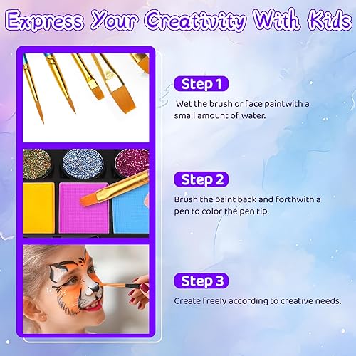 Miniatura 5 de Kit de pintura facial de 42 colores para niños, kit de paleta de pintura facial de agua no tóxica profesional con pinceles, plantillas, gemas,