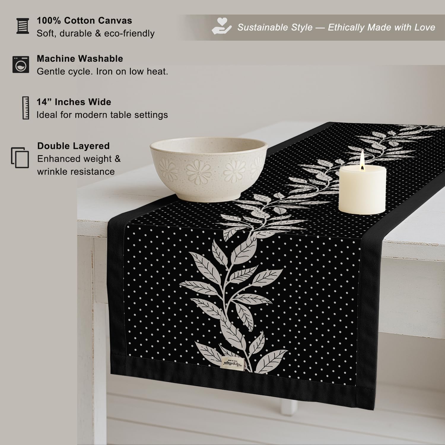 Decorative Table Runner - Double-Layered Cotton - 14 x 60 Inch with Elegant Border - Durable - for Rustic, Boho & Modern Décor - Leaves
