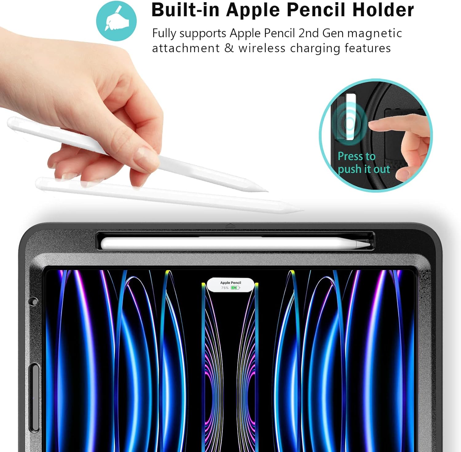 Close-up of the ProCase iPad Pro 11-inch case showing the built-in Apple Pencil holder with a pencil inserted.