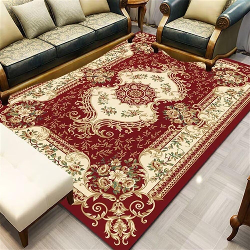 Tapis de sol salon rouge 200x200cm au design floral vintage