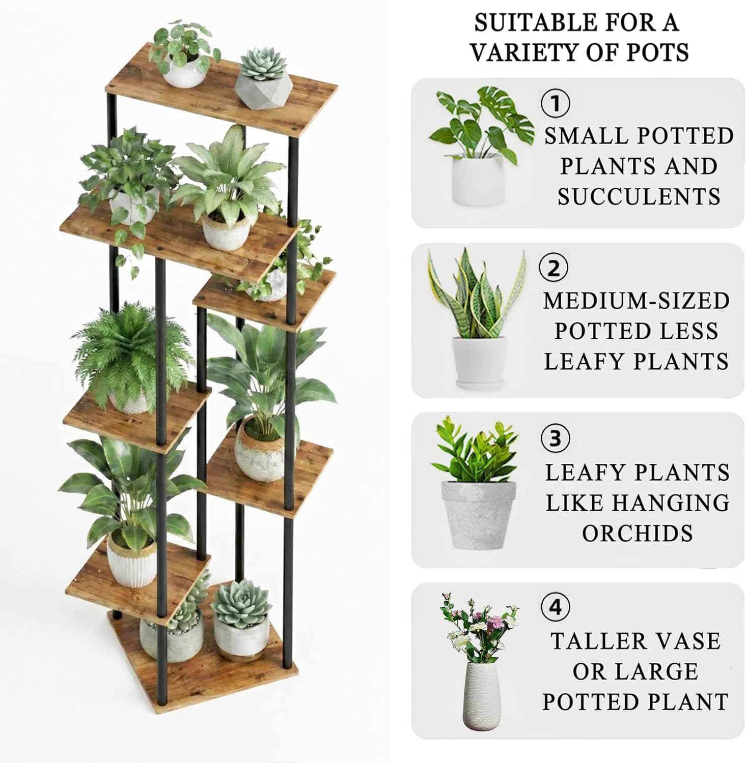 Tall Plant Stand Indoor 7-Tier Metal Wood Plant Shelf for Multiple Flower Pots Corner Flower Holders for Living Room Balcony Bedroom, Rustic Brown