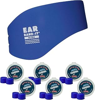 Earvolution Ear Band-It Ultra Swimming Headband & Floating Putty Buddies Silicone Ear Plugs Bundle, Doctor-Invented Waterproof System for Ear Tubes & Swimmer's Ear Prevention - Blue - Medium