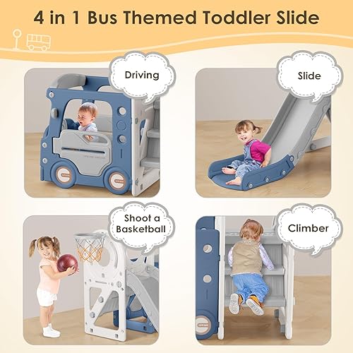 Miniatura 30 de BIERUM Tobogán para niños pequeños de 1 a 3 años con aro de baloncesto y columpio, tobogán de bebé para niños, regalo ideal para interiores