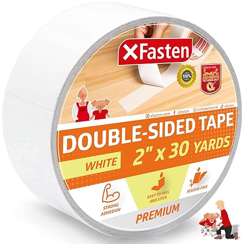 XFasten Cinta adhesiva de doble cara, blanca, extraíble y sin residuos, 2 x 30 yardas, segura para la superficie, cinta adhesiva de dos caras para