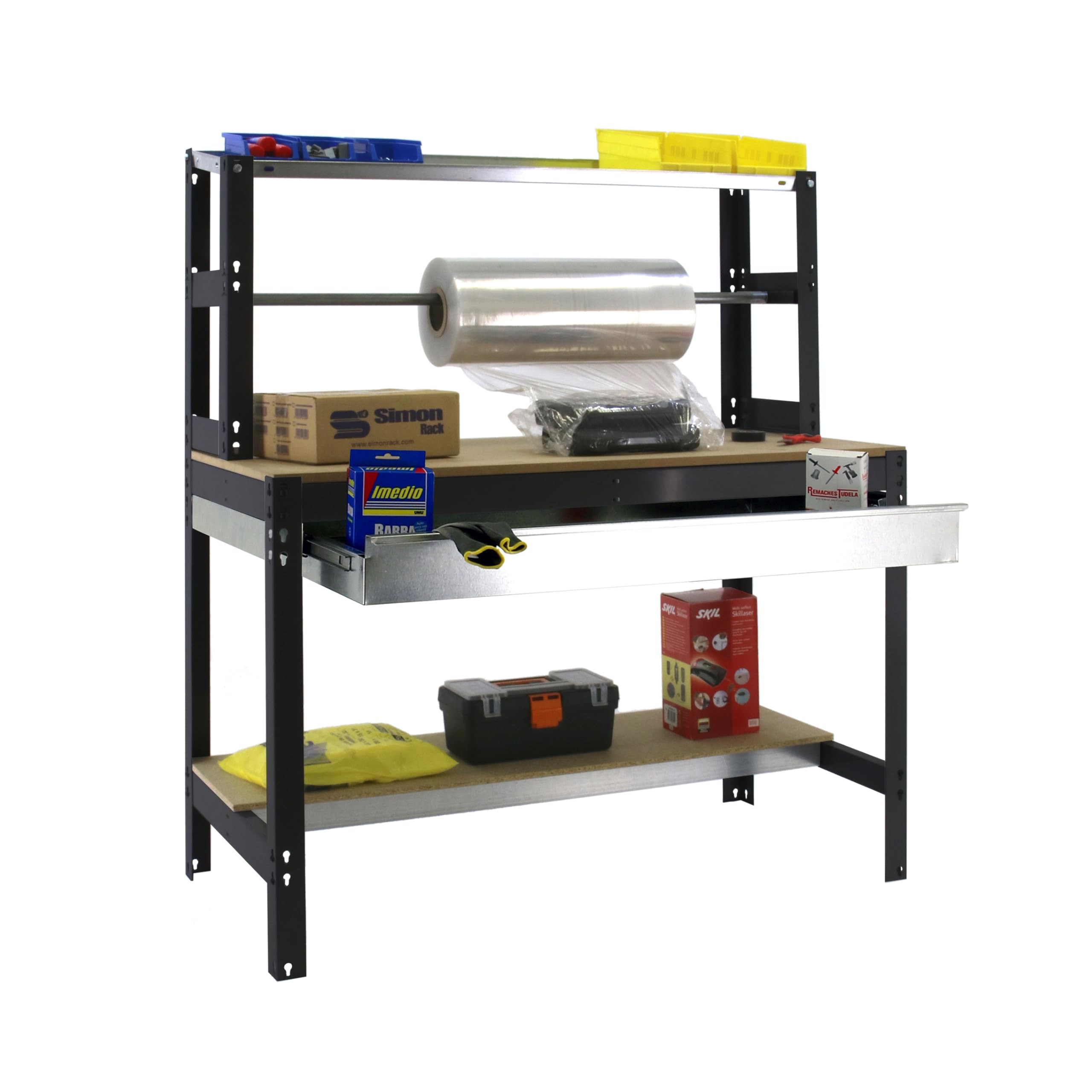 Simon Rack Banco de Trabajo con Porta Rollo y cajón 1510x760 mm - BT4 | Tablero madera 16 mm, Capacidad Carga 600 kg, Antracita , Pintura anticorrosión, Montaje sistema clic