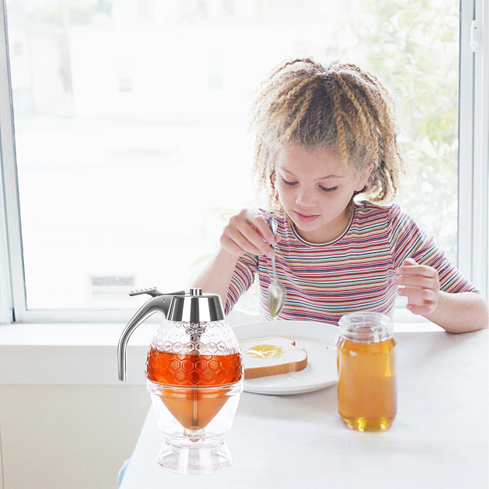 Dispenser per Miele in Acrilico con Base e Manico, Contenitore per Miele e Sciroppo Anti-Goccia, Dosatore per Cucina, Colazione e Pasticceria, Capacità 237 ml
